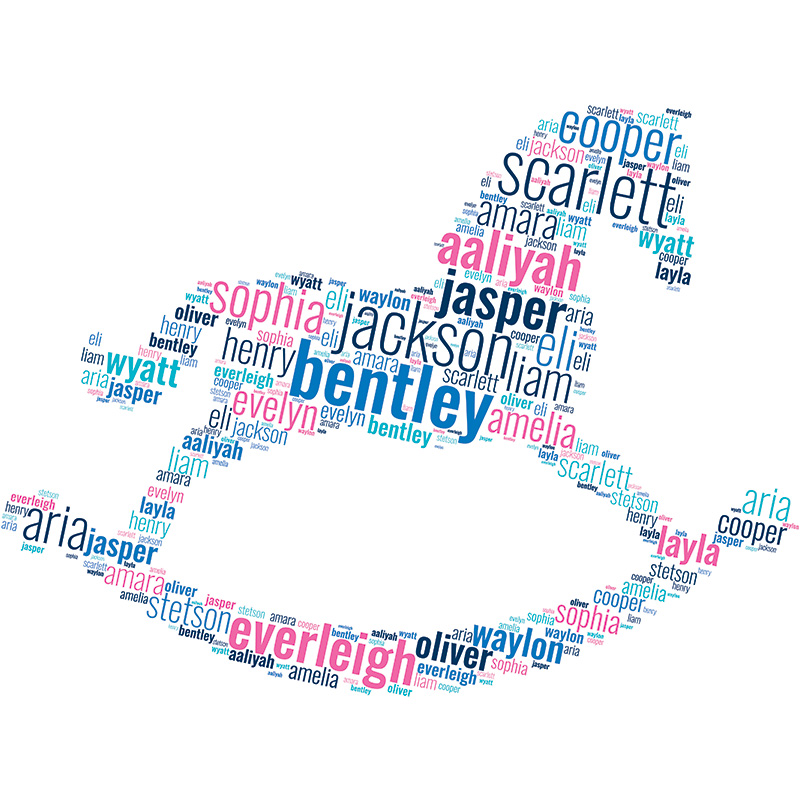 A rocking horse word cloud depicting some of the names for babies born through Dec. 18 at Bothwell Regional Health Center in 2025. The top nine girl names were Scarlett, Sophia, Aaliyah, Amara, Amelia, Aria, Evelyn, Everleigh and Layla. The top 11 boy names were Bentley, Jackson, Jasper, Liam, Cooper, Eli, Henry, Oliver, Stetson, Waylon and Wyatt.