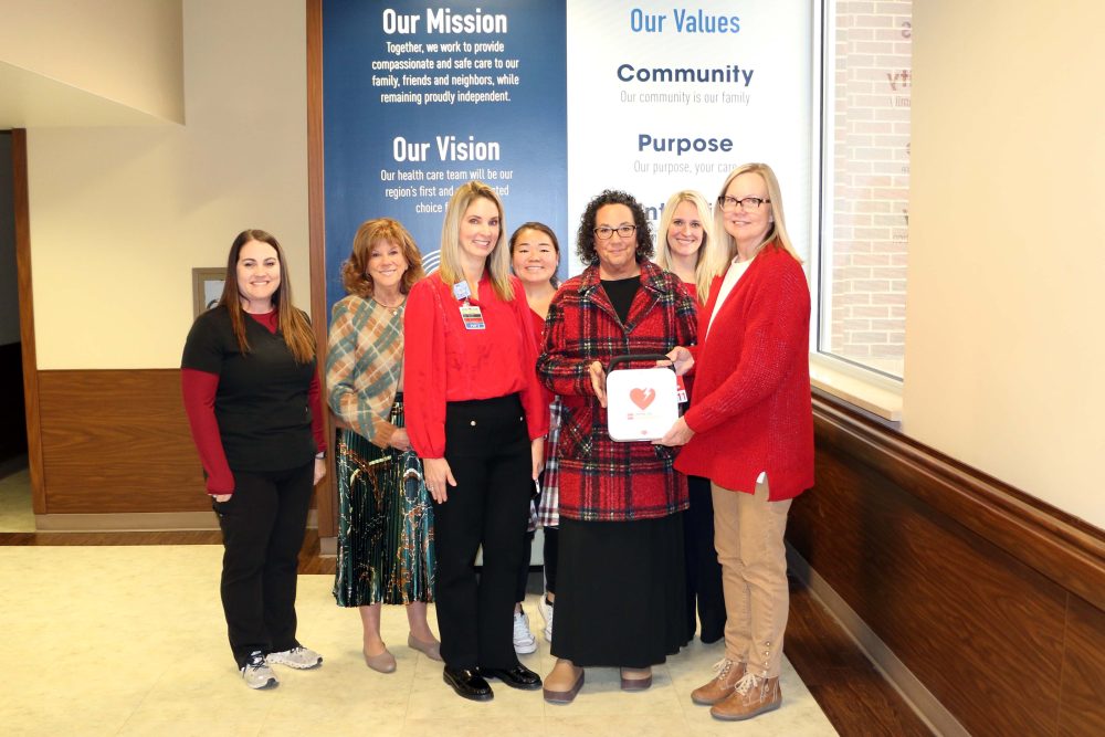 Sedalia Seventh-Day Adventist Church received an AED from the Bothwell Foundation’s Wear Red for Women committee. From left to right, Megan Elwood, committee member; Lori Wightman, Bothwell Regional Health Center CEO and committee co-chair; Lesley Jackson, committee member, Leisha Nakagawa, Bothwell Foundation specialist and volunteer coordinator; Rebecca Eldenburg, Church Sabbath School Council; Lauren Thiel-Payne, Bothwell Foundation executive director; and Dianne Simon, Thompson Hills Investment Corporation vice president and Wear Red Committee co-chair.