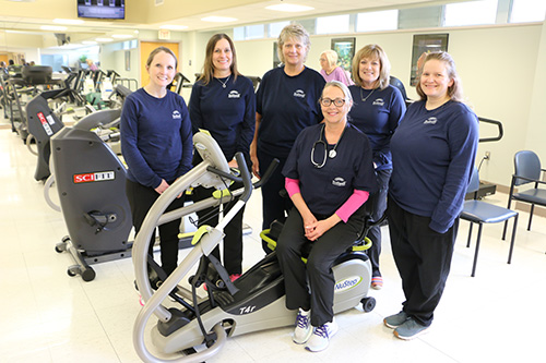 The Bothwell Cardiac Rehabilitation team, from left, includes Mackenzie Hoffman, RN; Kathy Woolery, RN; Supervisor Melanie Davis, PTA; Teresa Shroyer, RN (sitting); Bev Crawford, RN; and Rochelle Werneke, RN. 