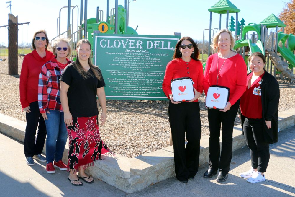 Sedalia Parks & Recreation received two automated external defibrillators, from left Robin Balke, Trish Henson, Meghan Funkhouser and Rhonda Ahern, committee members; Dianne Simon, Thompson Hills Investment Corporation vice president and committee co-chair; and Leisha Nakagawa, Bothwell Foundation administrative assistant.