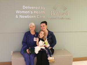 Helen Fisher, an RN in Women’s Health and Newborn Care at Bothwell Regional Health Center, recently received the prestigious DAISY Award for Extraordinary Nurses. Fisher was nominated for the award by Gabby White. From left, Fisher and Gabby and Brooke White. 