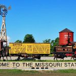 The Missouri State Fair railcar and railroad monument on a sunny day